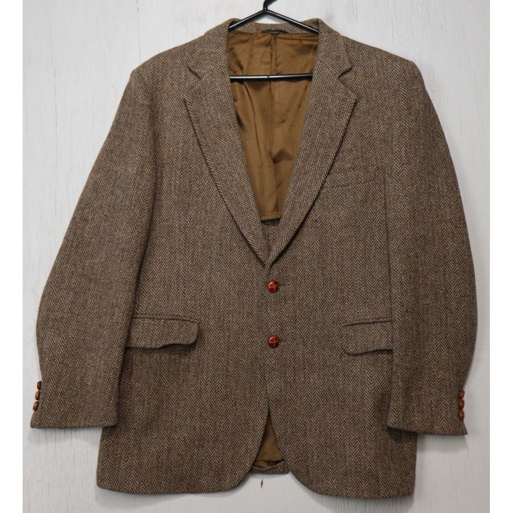 Harris Tweed Mens 100% Wool 2-Button Blazer Brown Herringbone Size 44R Vintage